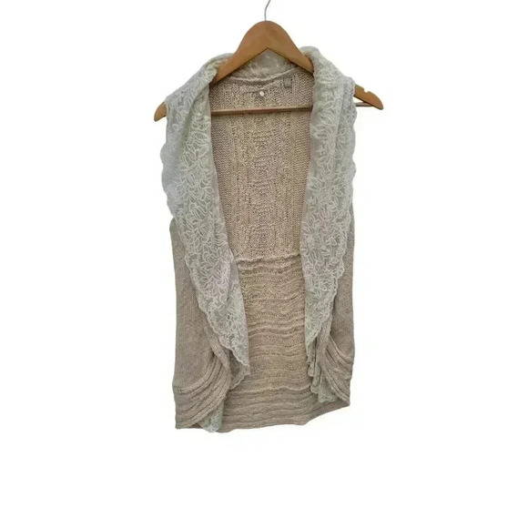 Anthropologie Knitted & Knitted Cream Open Front Cardigan lace Trim Size XS - Picture 8 of 8
